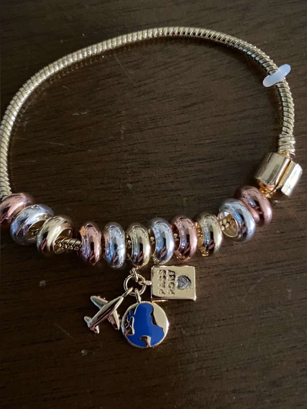 Fashion Jewelry Tri-Tone Charm Bracelet with Blue Globe and Airplane